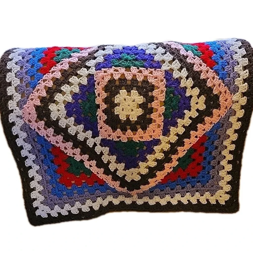 Vtg Handmade Granny Square Crochet Afghan Blanket 30x29 Boho Multi-Color Retro